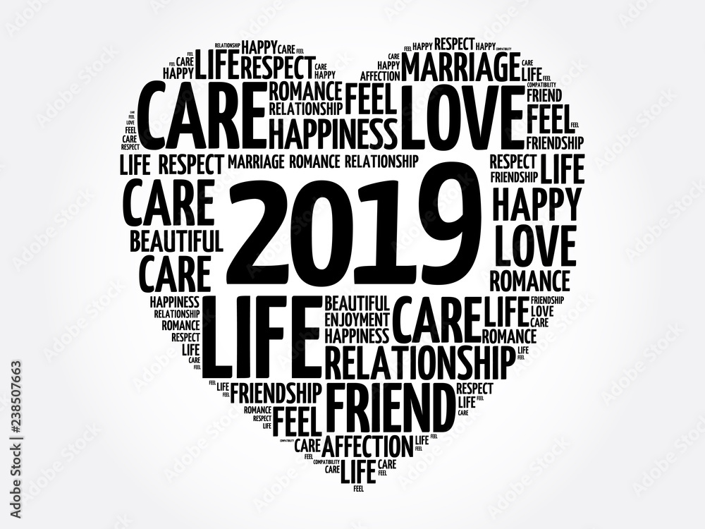Obraz premium 2019 Love and Happy concept, heart word cloud collage background