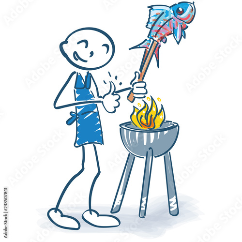 Strichmännchen grillt einen Fisch
