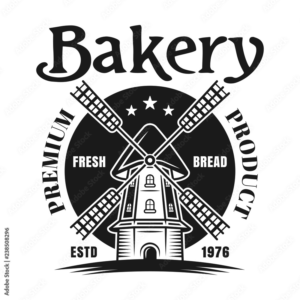 Bakery retro vector badge or emblem with windmill