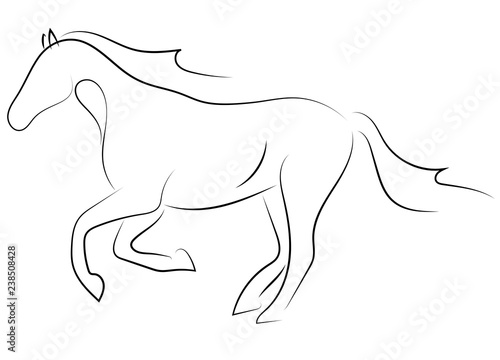 Black line horse on white background. Running horse sketch style. Vector graphic icon animal.