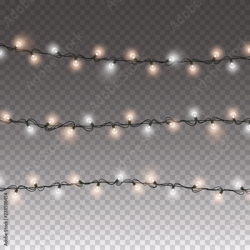 Lights bulbs isolated on transparent background. Glowing golden Christmas garlands string. Vector New Year party decorations.