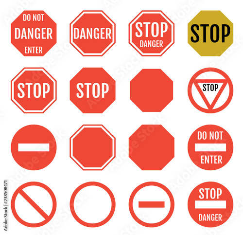 Stop signs in red, white and yellow, traffic sign to notify drivers and provide safe and orderly street and dor operation. Collection  of vector illustration. Flat style.