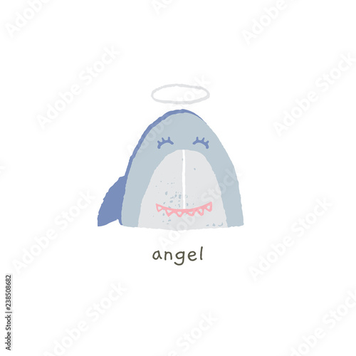 Lovely shark smile with a halo. Angel. Hand drawn vector emoji.