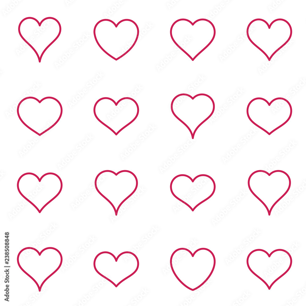Simple red vector heart icons thin line collection