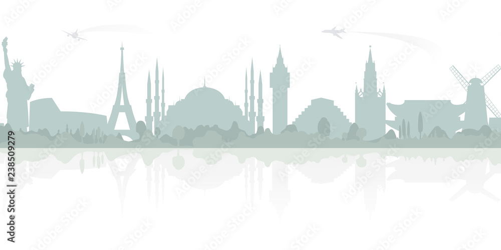 Monochrome panorama with world architectural landmarks, their reflection, and with airplanes. Isolated vector illustration with on white background. Travel concept.
