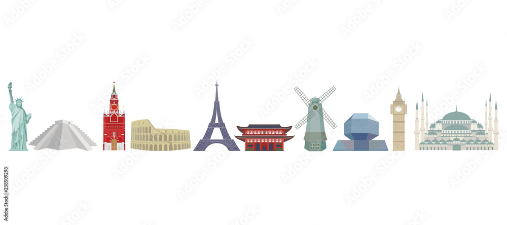 Set of color detailed vector icons of world architectural landmarks. Isolated silhouettes on white background.