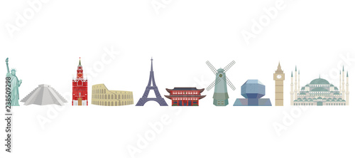 Set of color detailed vector icons of world architectural landmarks. Isolated silhouettes on white background.