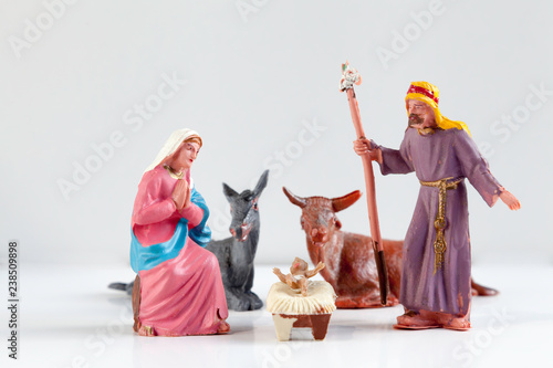Christmas Manger scene with Jesus, Mary and Joseph on white
