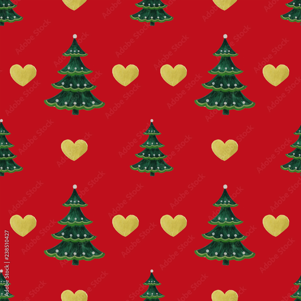 Seamless pattern with Christmas tree and gold heart for winter holidays design