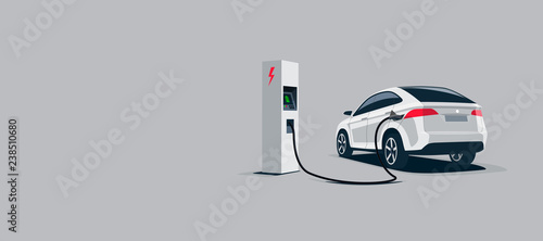 Vector illustration of a luxury white electric car suv charging at the electro charger station. Car battery getting fast recharged. Clean vector illustration isolated on grey background. © petovarga