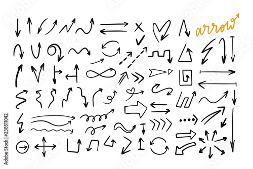 Doodle style hand drawn vector arrows set.