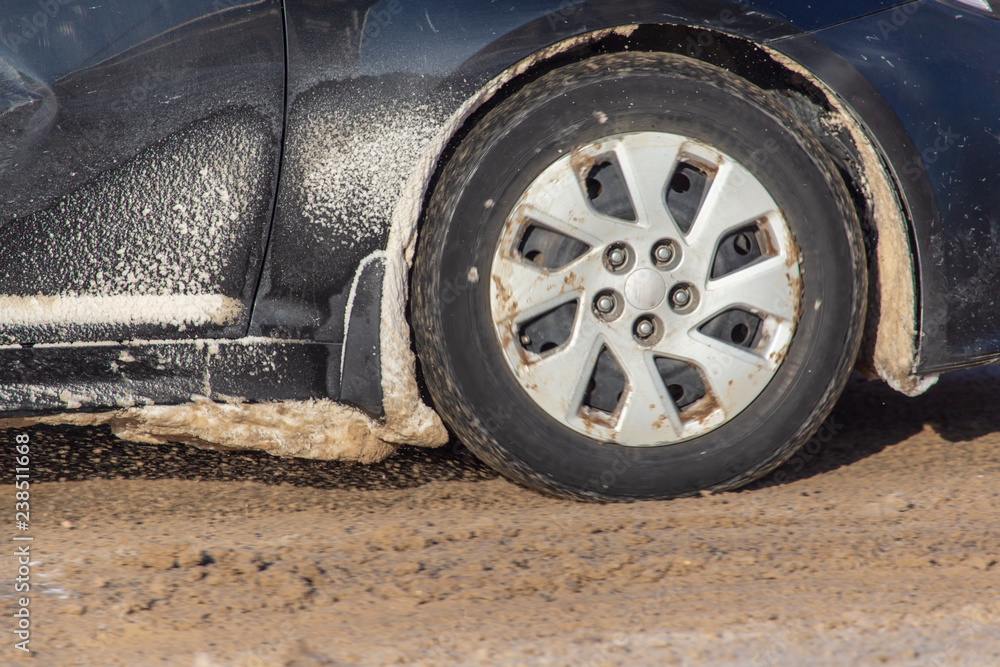 Car wheel in the snow in winter