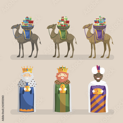 Fototapeta Three kings with camels and gifts set