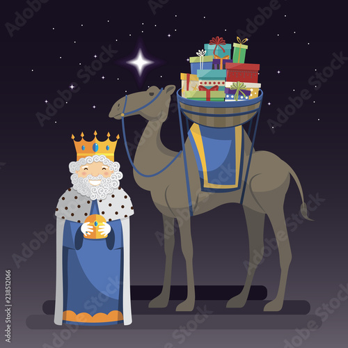 Three kings day. King Melchior and camel carrying gifts at night