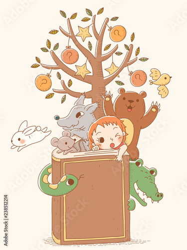 Animals and little girl from books