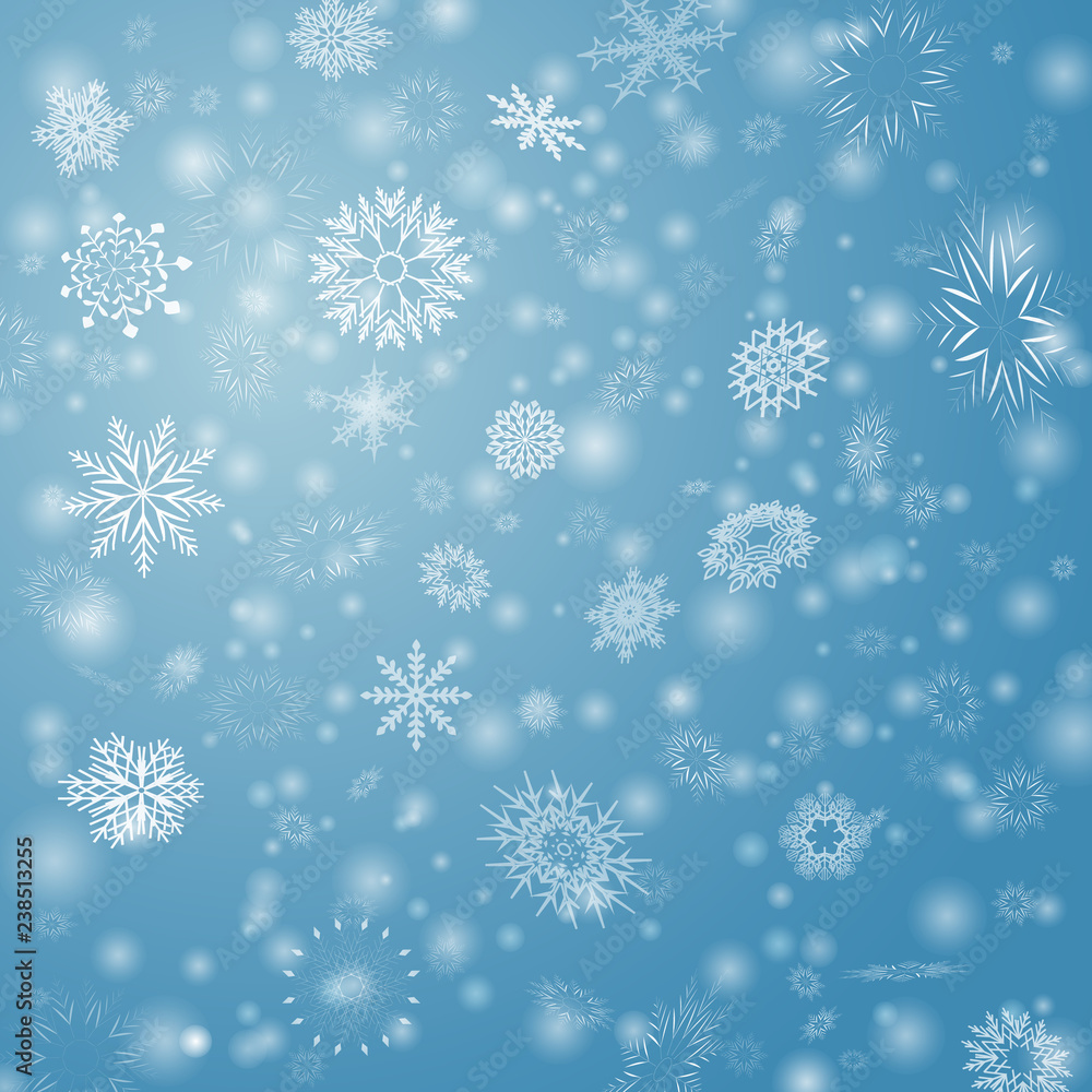 Naklejka premium Blue Vector Winter background with flay snowflakes