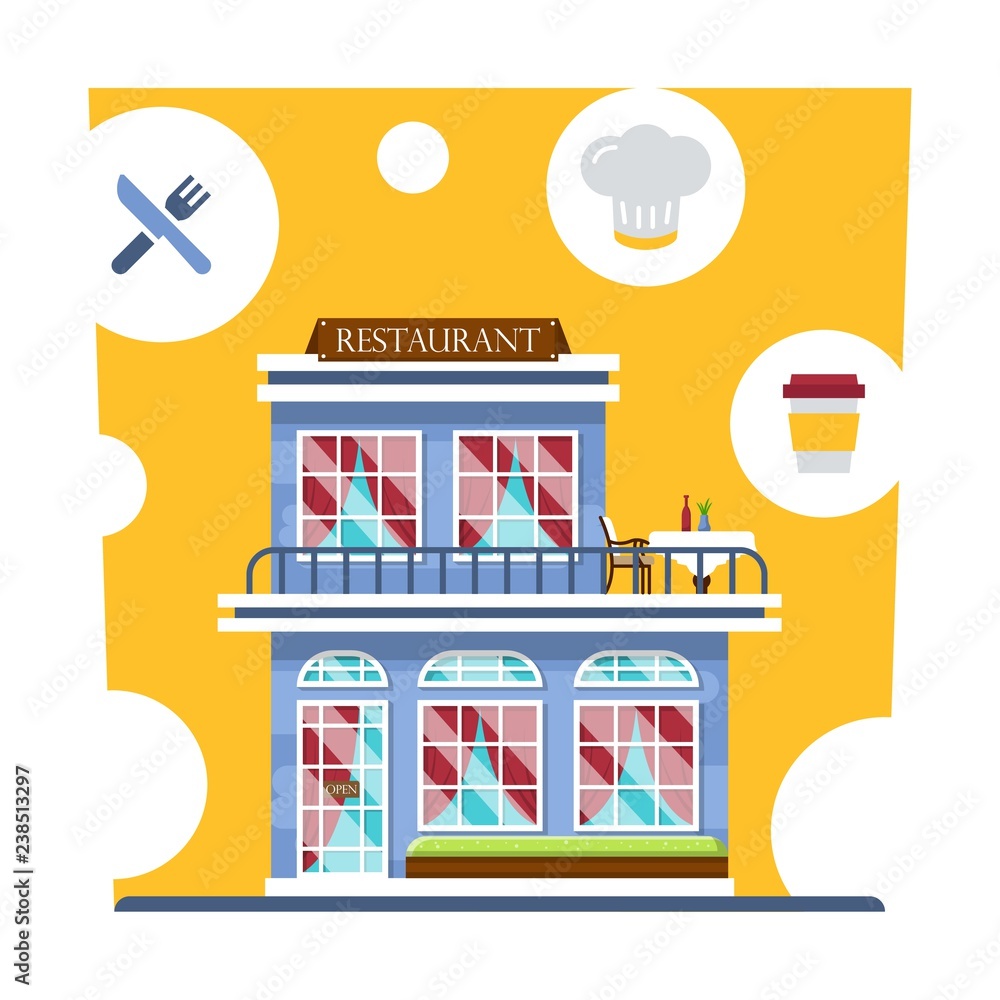 Central cafe building. Restaurant with summer terrace and with curtains. Set of detailed restaurant facade and interior with small icons. Flat style vector illustration.