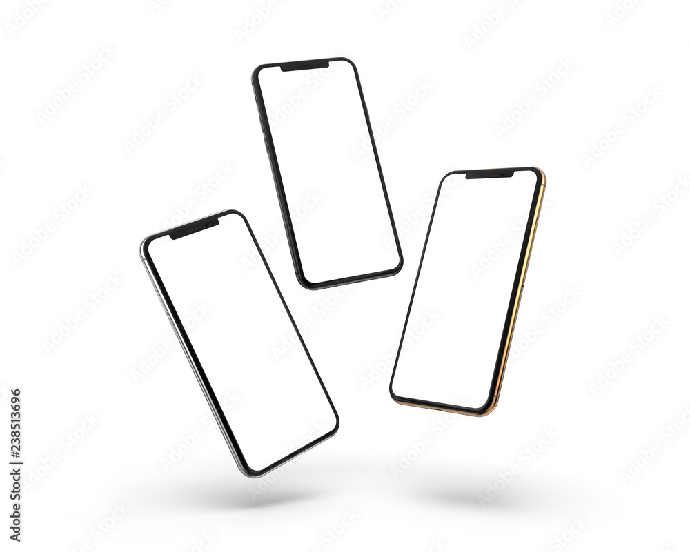 Gold, silver and black smartphones with blank screen, isolated on white background. Template, mockup. - obrazy, fototapety, plakaty 