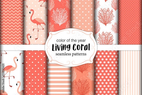 Fototapeta Naklejka Na Ścianę i Meble -  Cute set of seamless patterns in color of 2019 year Living Coral. Vector illustration.