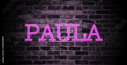 first name Paula in pink neon on brick wall