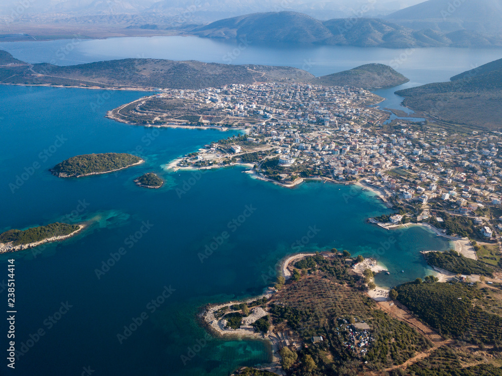Aerial view of Ksamil, Albania (Albanian riviera) in the winter