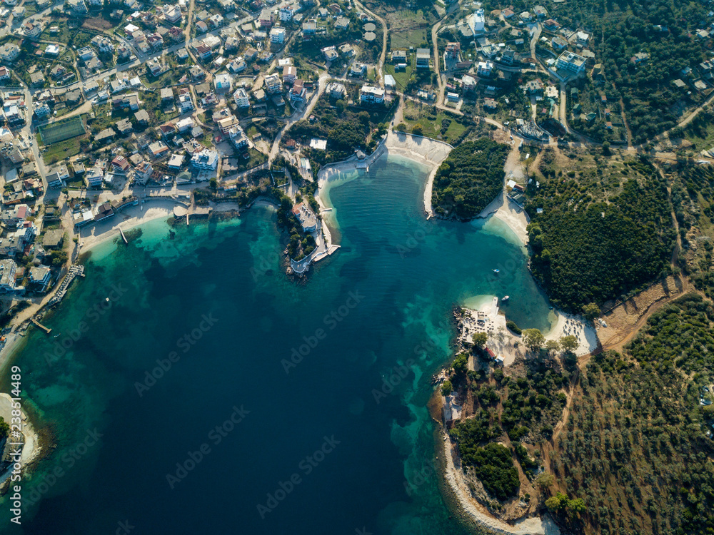 Aerial view of Ksamil, Albania (Albania Riviera) Beautiful beach in Mediterranean 