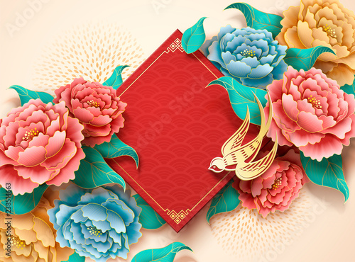Canvas Print Luxury peony and swallow paper art