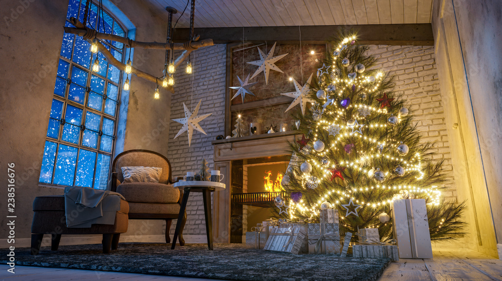 Christmas tree near the fireplace
