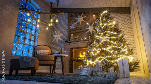 Christmas tree near the fireplace © ALEKSTOCK.COM