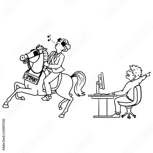 Chef sits on a horse with blinkers and does not notice the employees' ideas. Fuck Up Comic. Vector. the boss sits on a horse with blinders and does not think about the day after tomorrow