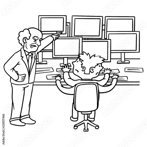 The boss gets bogged down in a thousand unnecessary actions, employees run in different directions. Fuck Up Comic. Vector.