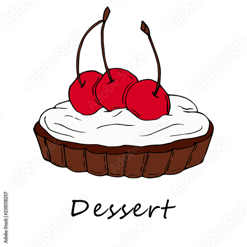 Hand drawn illustration of cherry  tartlet. Perfect for menu, card, textile of food package design