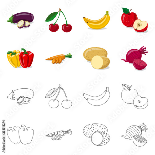 Isolated object of vegetable and fruit icon. Set of vegetable and vegetarian vector icon for stock.