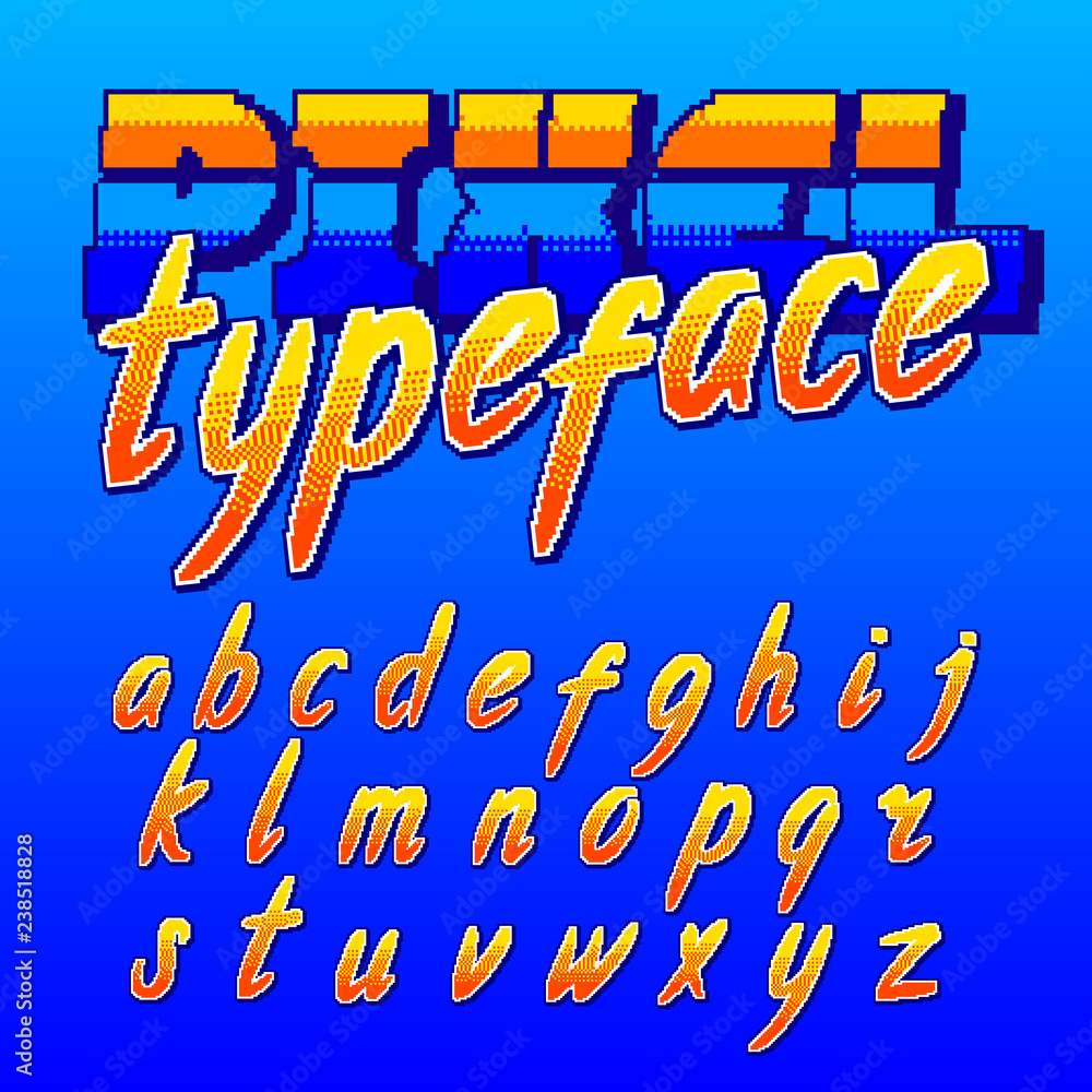 Pixel typeface. Retro arcade game alphabet font. Lowercase script