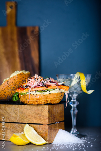 Salmon burger,Nordic style Meditteranean cuisine restaurant. Close up