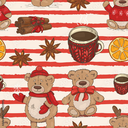 Christmas pattern with teddy bears, cups and spices