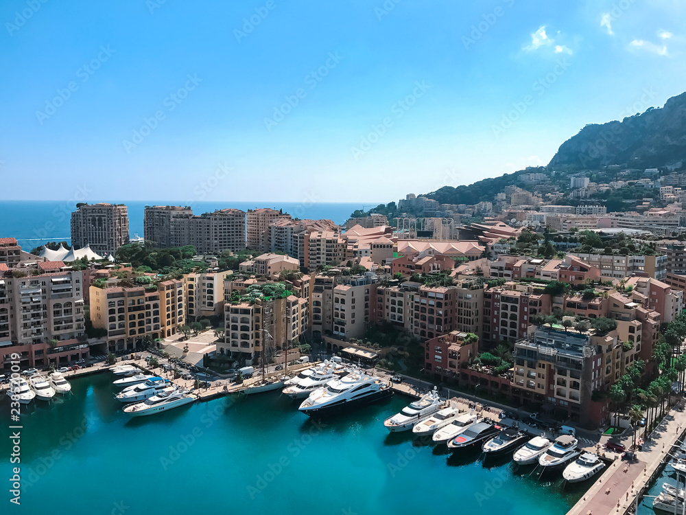 Luxury yacht marina. Port in the Mediterranean Sea overlooking the city of Monaco. Aerial view