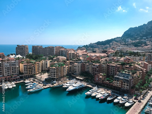 Luxury yacht marina. Port in the Mediterranean Sea overlooking the city of Monaco. Aerial view