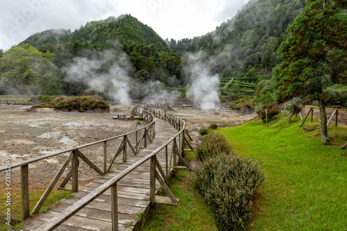 Thermal vents and a path for visitors to check them out at Fumarolas da Lagoa das Furnas. photo