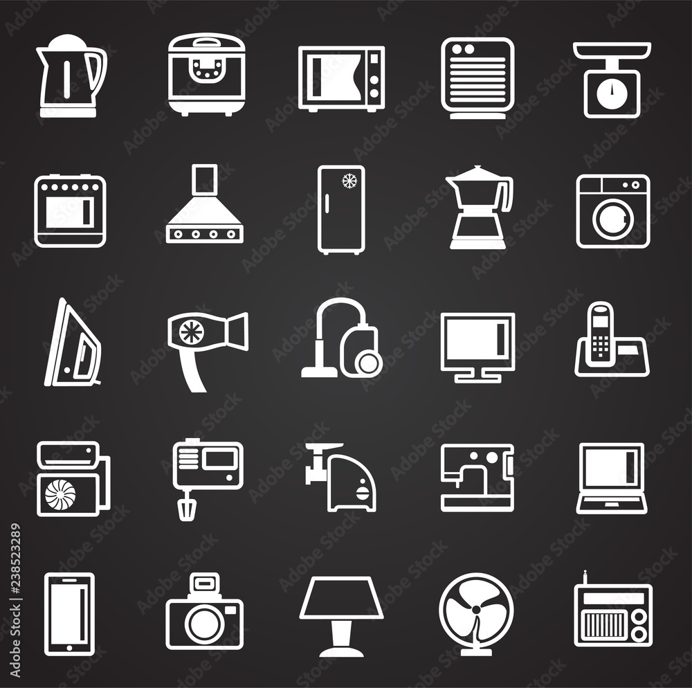 Home appliance icons set on black background for graphic and web design, Modern simple vector sign. Internet concept. Trendy symbol for website design web button or mobile app Home appliance icons set on black background for graphic and web design, Modern simple vector sign. Internet concept. Trendy symbol for website design web button or mobile app