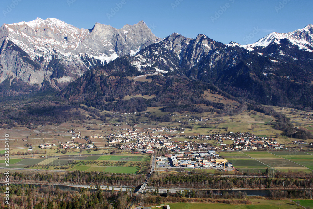 switzerlan snowy mountains and town view