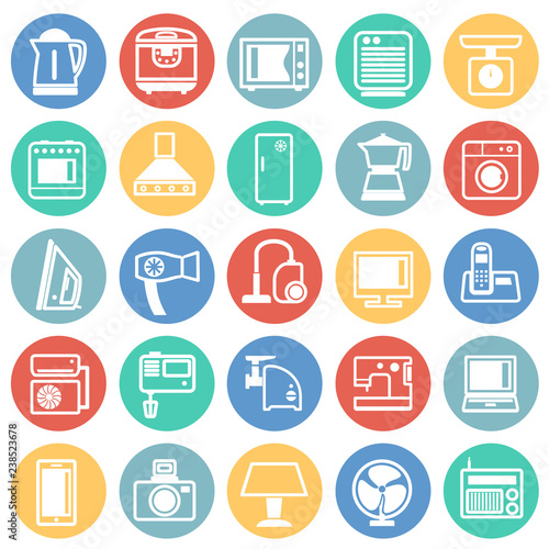 Home appliance icons set on color circles background for graphic and web design, Modern simple vector sign. Internet concept. Trendy symbol for website design web button or mobile app
