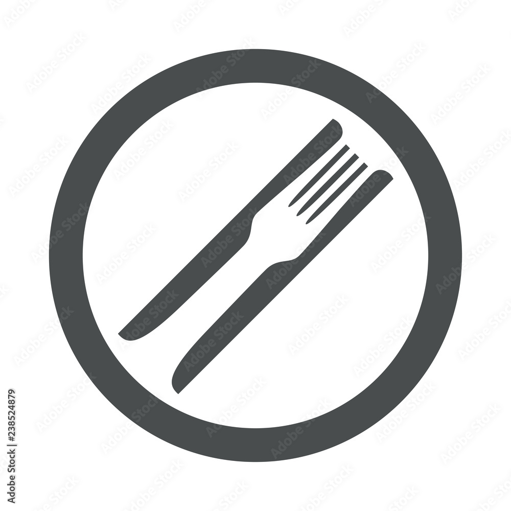 Icono plano tenedor en espacio negativo entre cuchillos en círculo color gris Icono plano tenedor en espacio negativo entre cuchillos en círculo color gris