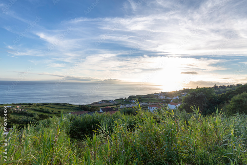 Sunset in the small village of Feteiras on Sao Miguel, Portugal.