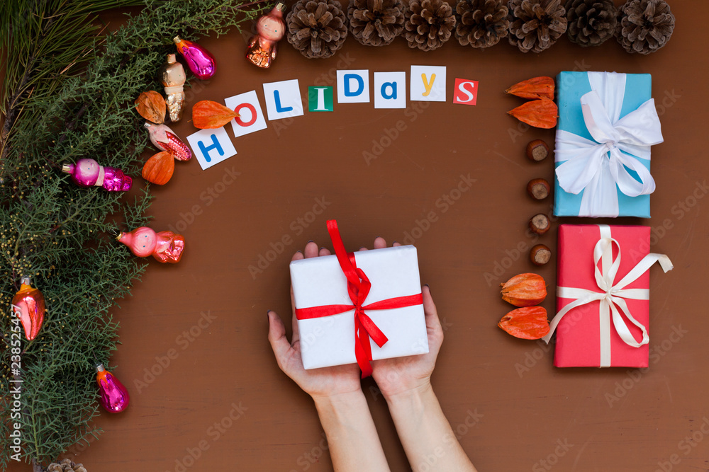 Fototapeta premium new year Christmas background Christmas tree gifts vacation winter