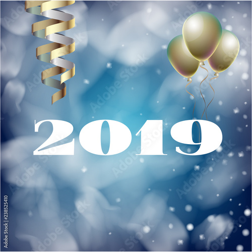2019 New Year  Christmas Vector Card with Snow on Blue. Heavy Snowfall  Snowflakes Square Gift Voucher or Celebration Background. Holiday Decoration Template. Cool 2019 New Year Card on Blue.