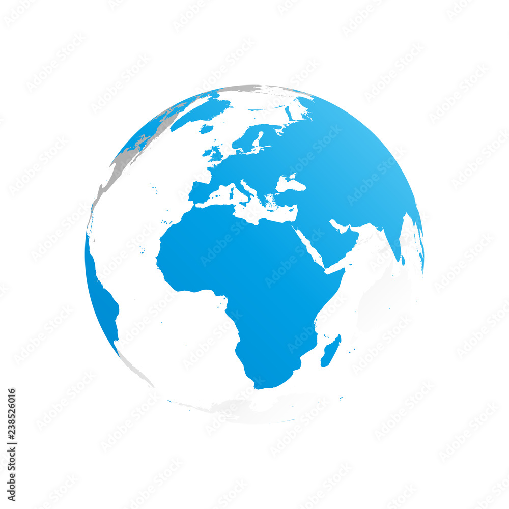 3D planet Earth globe. Transparent sphere with blue land silhouettes. Focused on Africa and Europe.