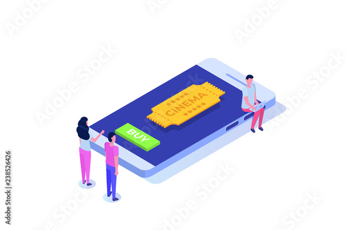 Online cinema tickets booking isometric concept. Mobile app. Vector illustration