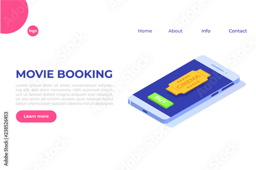 Online cinema tickets booking isometric concept. Mobile app. Vector illustration