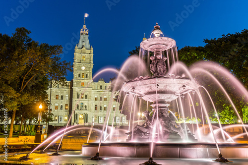 Parliament Building and a Fountain in Quebec at Night